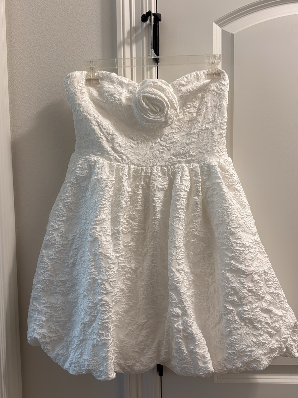 White Textured Strapless Flower-Accent Kids Dress
